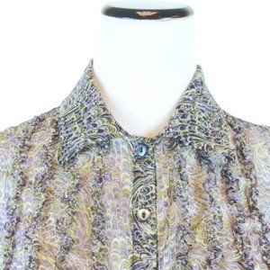 BETH BOWLEY sheer black purple silk button up shirt ruffles top USA M